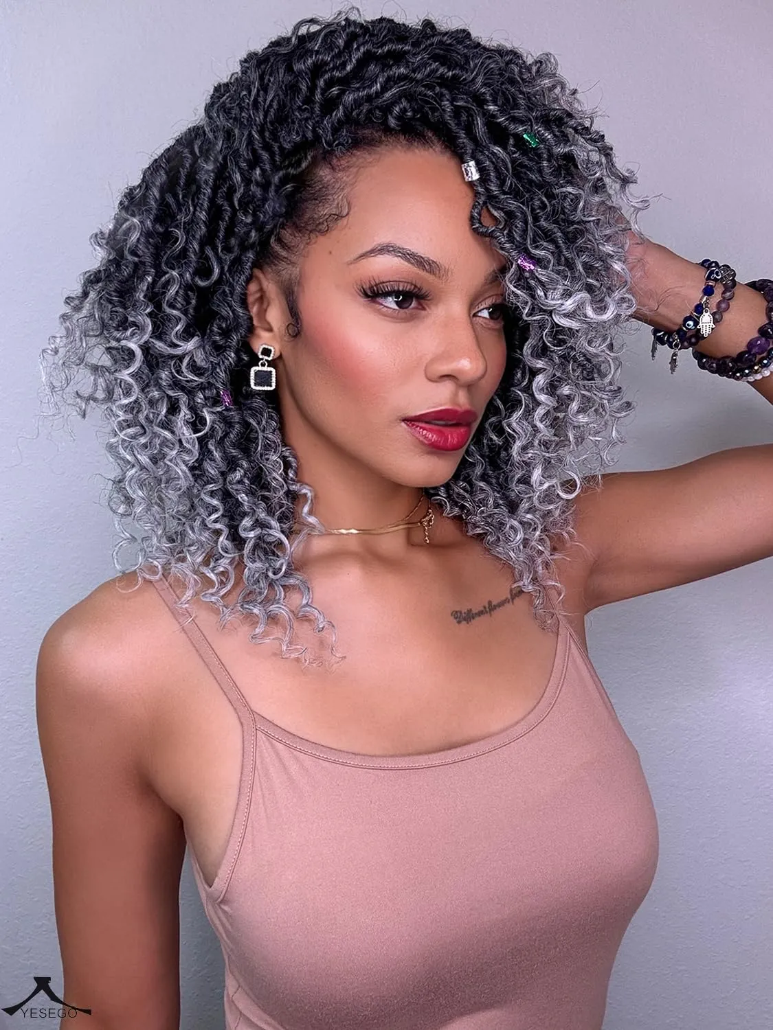 Faux Locs Crochet Hair 10 Inch Goddess Locs Ombre Grey Crochet Hair for Women 6 Packs Gray Soft River Locs Pre Looped Braids with Curly Ends Boho Hippie Synthetic Hair Extensions, 1b/grey