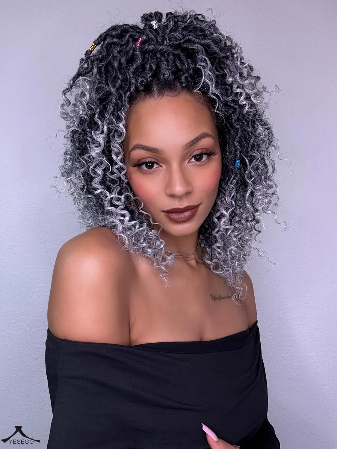 Faux Locs Crochet Hair 10 Inch Goddess Locs Ombre Grey Crochet Hair for Women 6 Packs Gray Soft River Locs Pre Looped Braids with Curly Ends Boho Hippie Synthetic Hair Extensions, 1b/grey