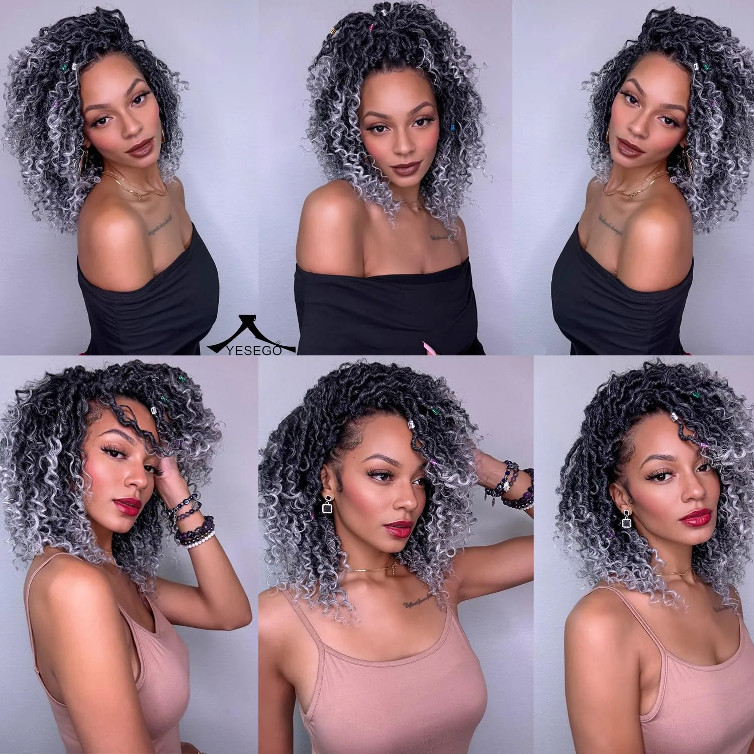 Faux Locs Crochet Hair 10 Inch Goddess Locs Ombre Grey Crochet Hair for Women 6 Packs Gray Soft River Locs Pre Looped Braids with Curly Ends Boho Hippie Synthetic Hair Extensions, 1b/grey