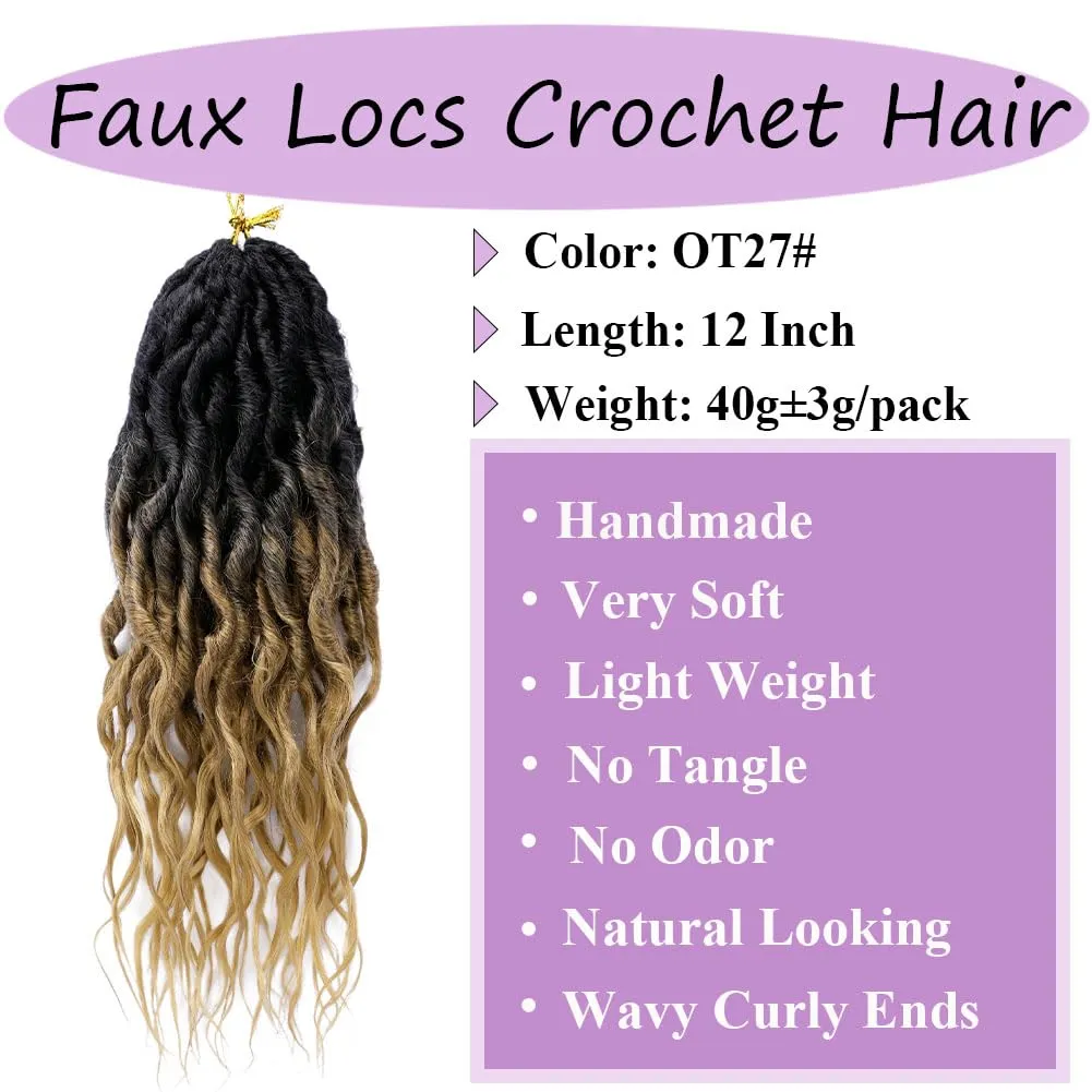 Faux Locs Crochet Hair 12 Inch 6 Packs Goddess Locs Crochet Hair for Women Soft Locs Pre Looped Crochet Braids with Wavy Curly Ends Queen Locs Synthetic Braids Extensions (OT27#)