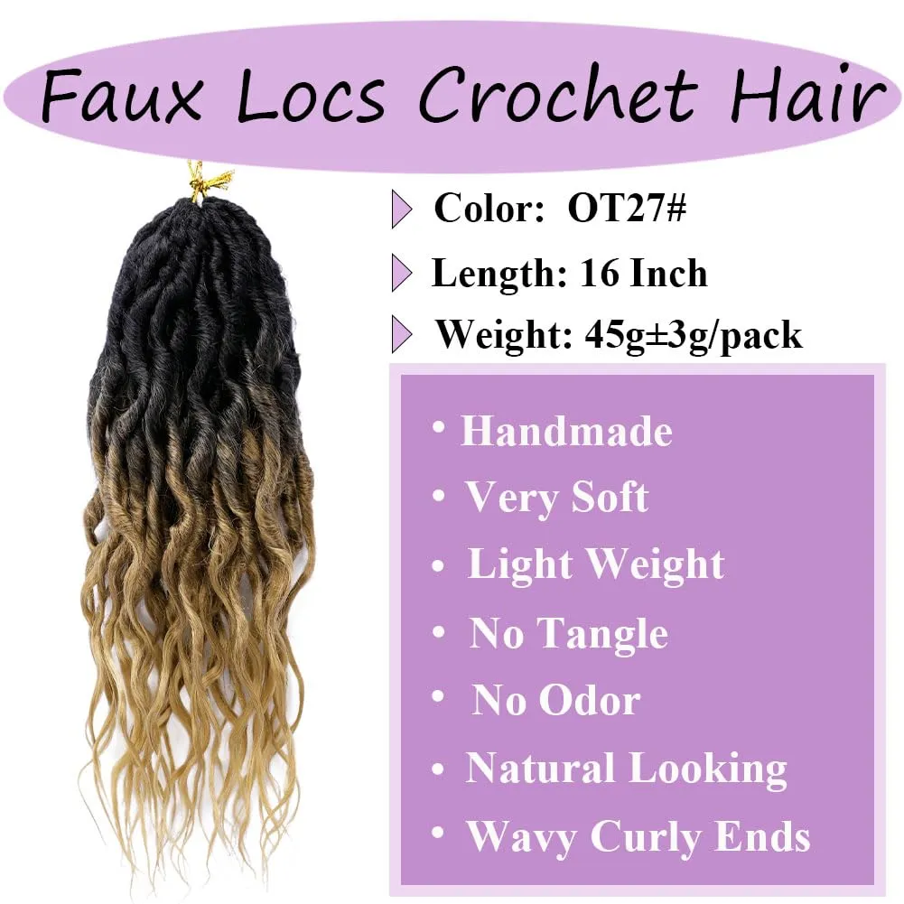 Faux Locs Crochet Hair 6 Packs Soft Pre-Looped Goddess Locs 16 Inch With Curly Ends Synthetic Braiding Hair Extensions for Women