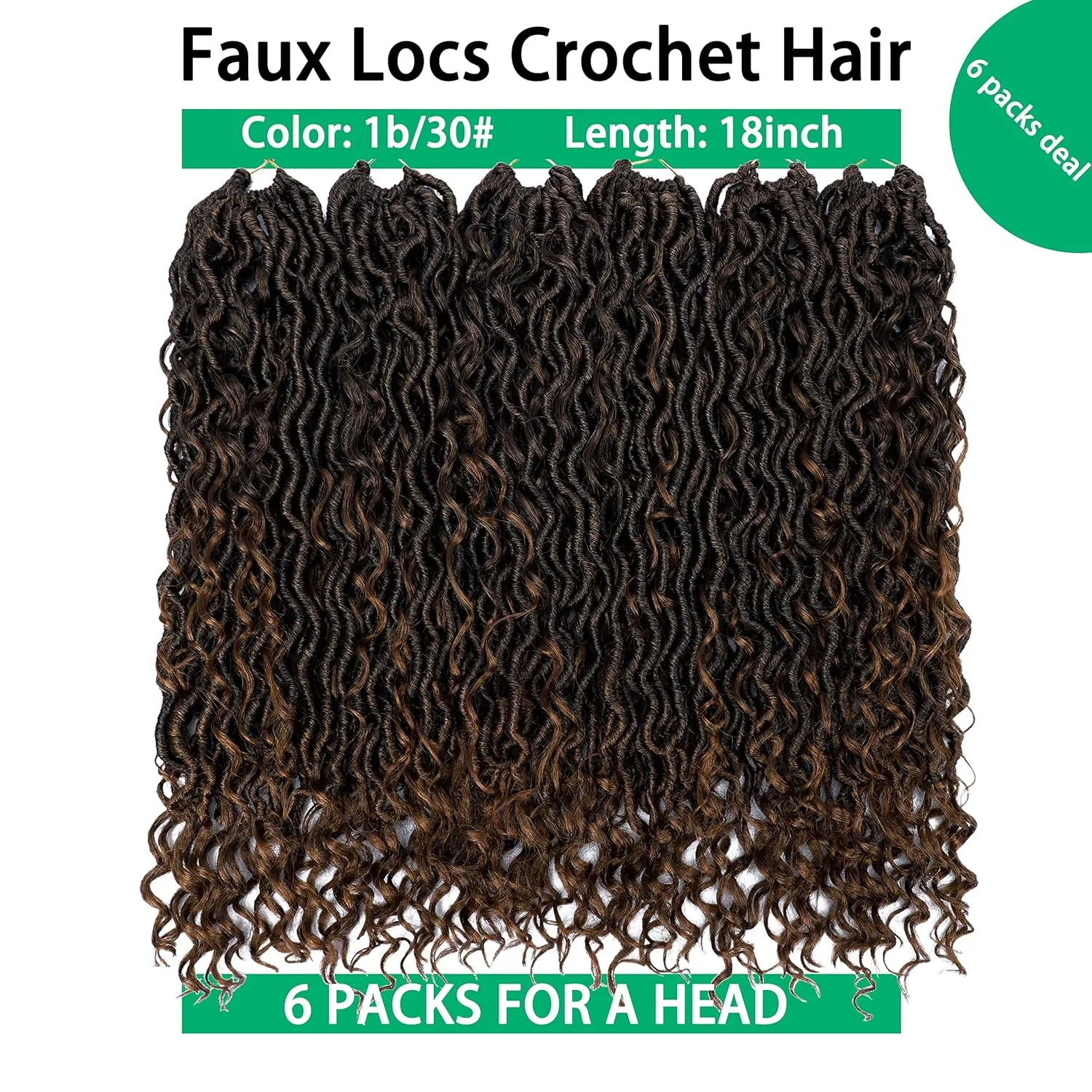 Faux Locs Goddess Locs Crochet Hair for Women 18 Inch Pre Looped Crochet Braids with Curly Ends Synthetic Hair Extensions (6 packs, 1b/30)