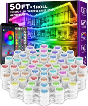 FBZ 50FT Permanent Outdoor RGB Lights - IP67 Waterproof with Smart App Control Remote, DIY Scene Modes, Music Synchronization, Eaves Lights for Garden Decor, Deck, Christmas