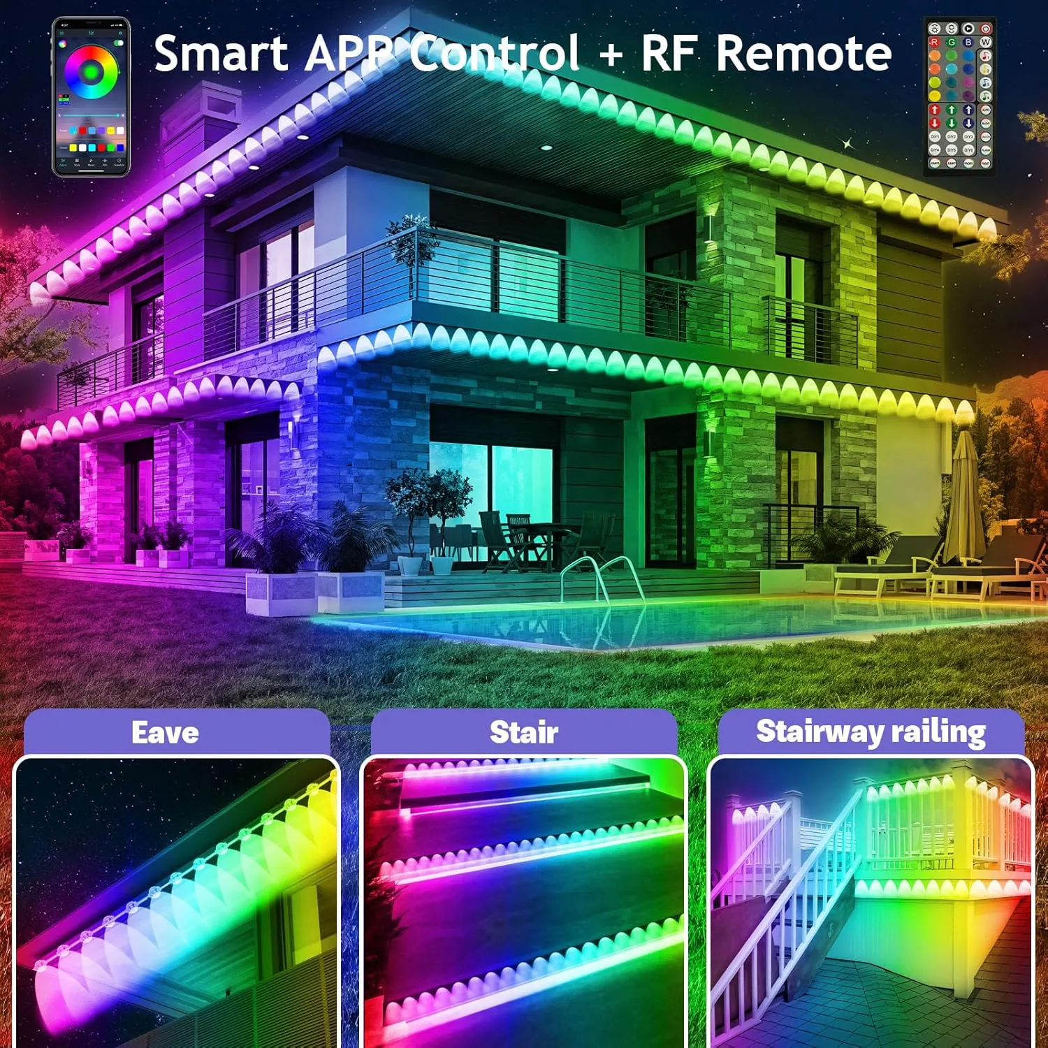 FBZ 50FT Permanent Outdoor RGB Lights - IP67 Waterproof with Smart App Control Remote, DIY Scene Modes, Music Synchronization, Eaves Lights for Garden Decor, Deck, Christmas