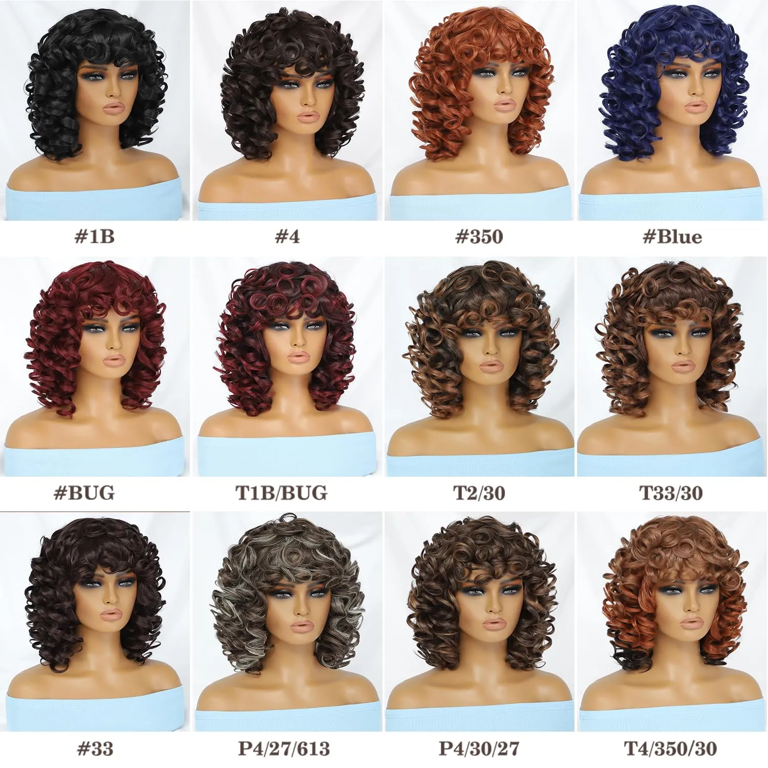 Felek Short Big Curly Wigs with Bangs for Black Women Black Mixed Burgundy Color Afro Loose Curly Wig Fluffy Synthetic Hair Afro Kinky Wigs for Women 250g (14 Inch, T1B-BUG)