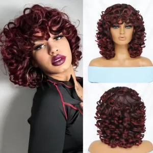 Felek Short Big Curly Wigs with Bangs for Black Women Black Mixed Burgundy Color Afro Loose Curly Wig Fluffy Synthetic Hair Afro Kinky Wigs for Women 250g (14 Inch, T1B-BUG)
