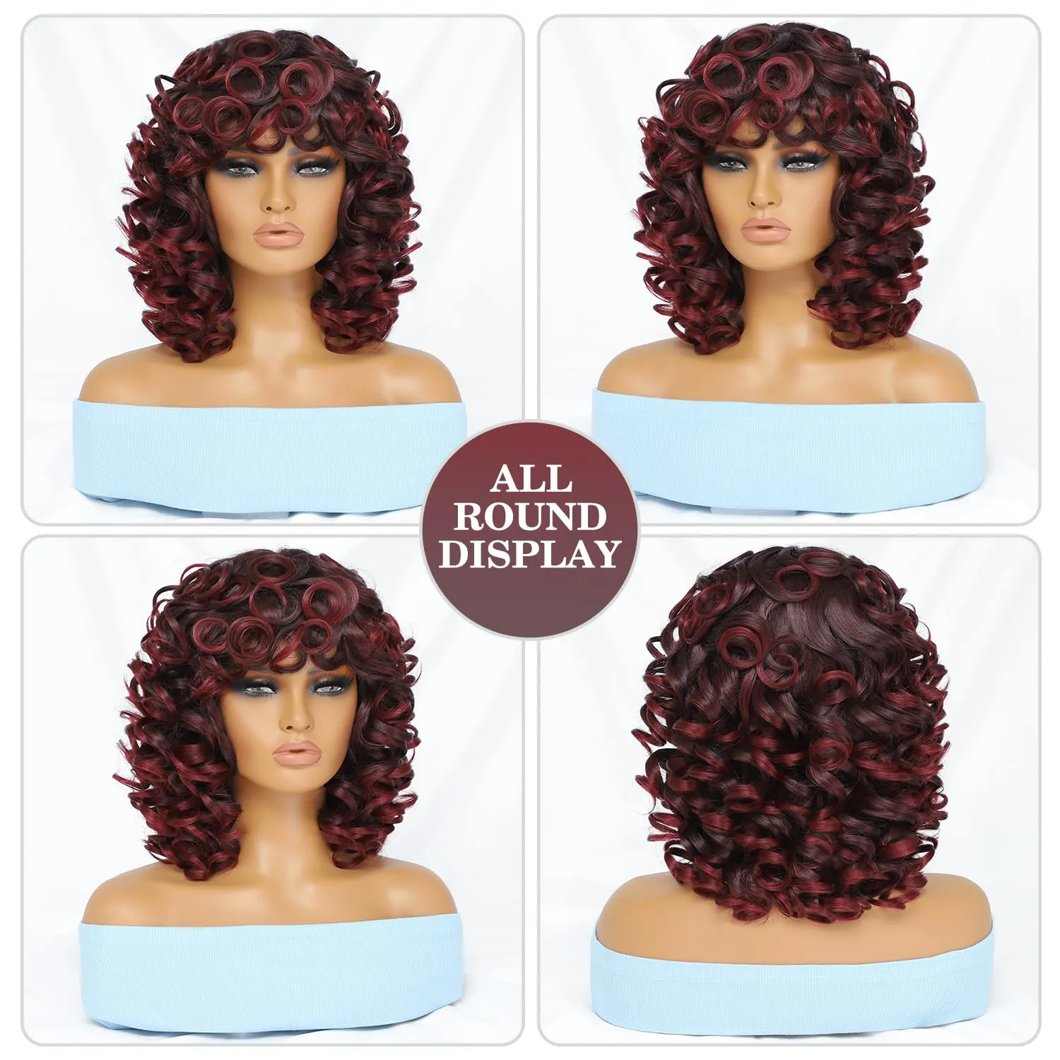 Felek Short Big Curly Wigs with Bangs for Black Women Black Mixed Burgundy Color Afro Loose Curly Wig Fluffy Synthetic Hair Afro Kinky Wigs for Women 250g (14 Inch, T1B-BUG)