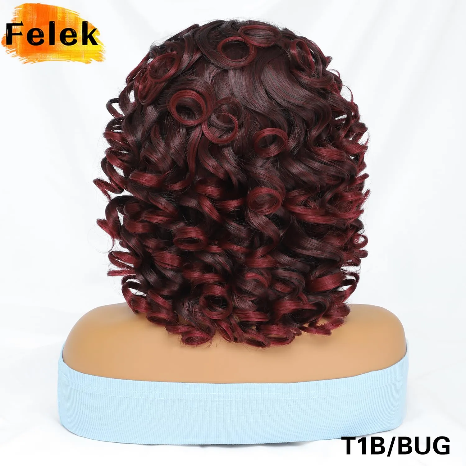 Felek Short Big Curly Wigs with Bangs for Black Women Black Mixed Burgundy Color Afro Loose Curly Wig Fluffy Synthetic Hair Afro Kinky Wigs for Women 250g (14 Inch, T1B-BUG)