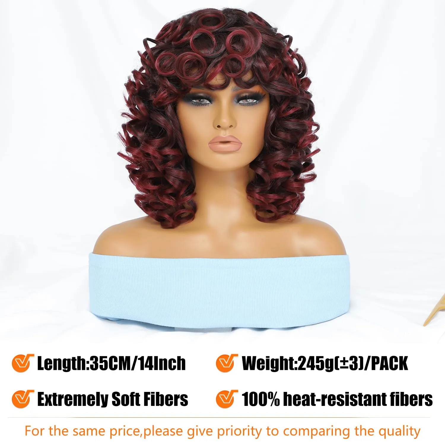 Felek Short Big Curly Wigs with Bangs for Black Women Black Mixed Burgundy Color Afro Loose Curly Wig Fluffy Synthetic Hair Afro Kinky Wigs for Women 250g (14 Inch, T1B-BUG)