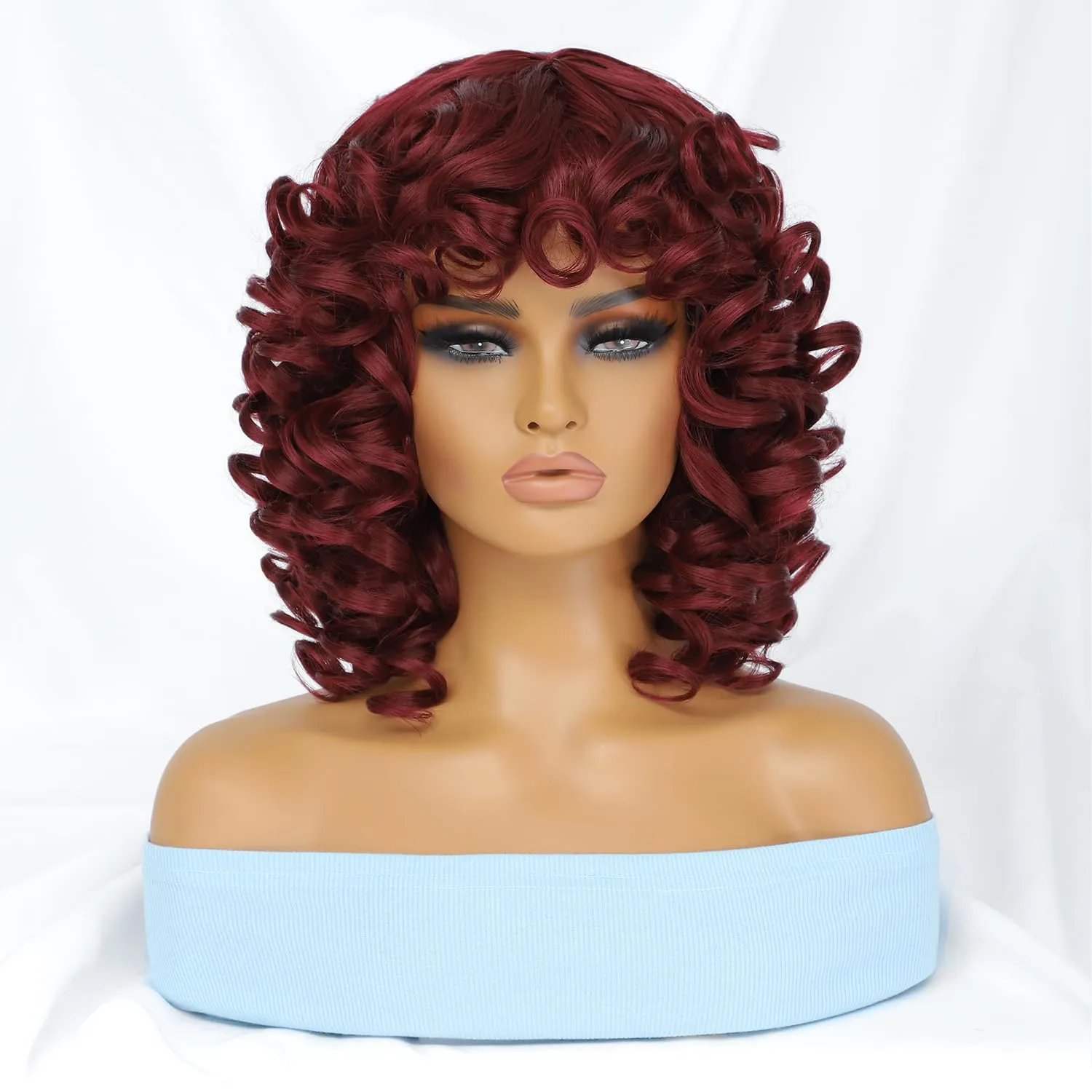 Felek Short Curly Afro Wigs with Bangs for Black Women Short Burgundy Afro Big Curly Wig for Women Synthetic Heat Resistant Cute Bouncy Loose Curly Wigs for Women (14 Inch, BUG)