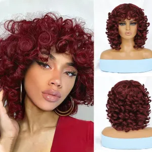 Felek Short Curly Afro Wigs with Bangs for Black Women Short Burgundy Afro Big Curly Wig for Women Synthetic Heat Resistant Cute Bouncy Loose Curly Wigs for Women (14 Inch, BUG)
