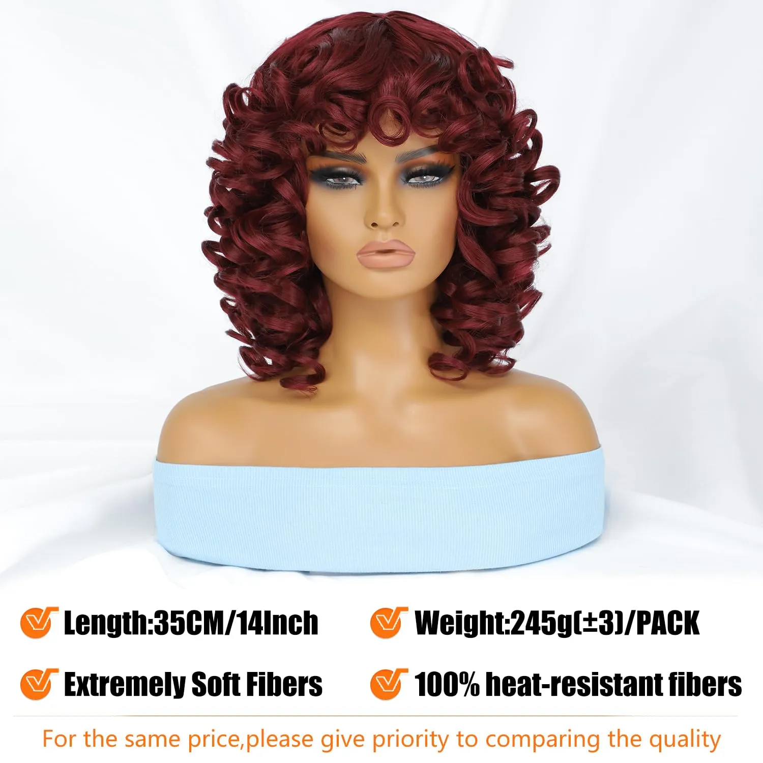 Felek Short Curly Afro Wigs with Bangs for Black Women Short Burgundy Afro Big Curly Wig for Women Synthetic Heat Resistant Cute Bouncy Loose Curly Wigs for Women (14 Inch, BUG)