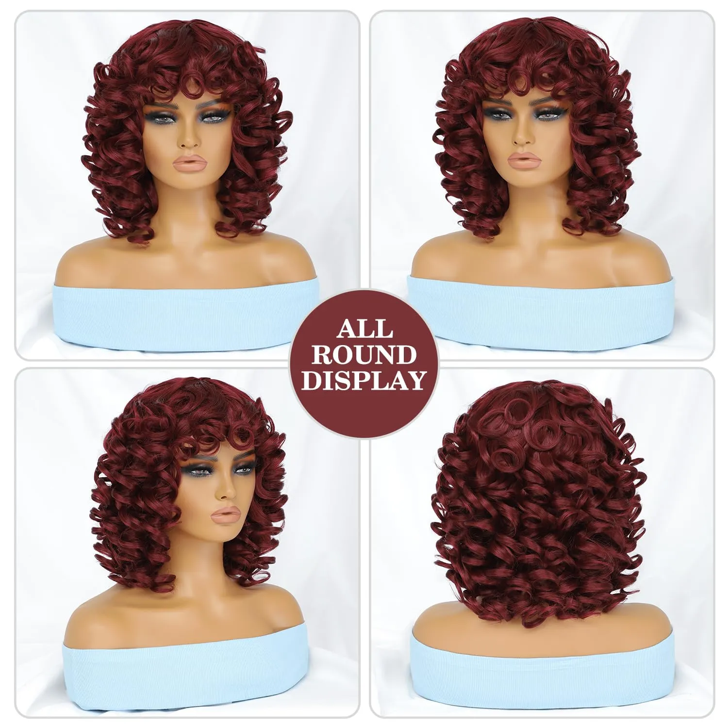 Felek Short Curly Afro Wigs with Bangs for Black Women Short Burgundy Afro Big Curly Wig for Women Synthetic Heat Resistant Cute Bouncy Loose Curly Wigs for Women (14 Inch, BUG)