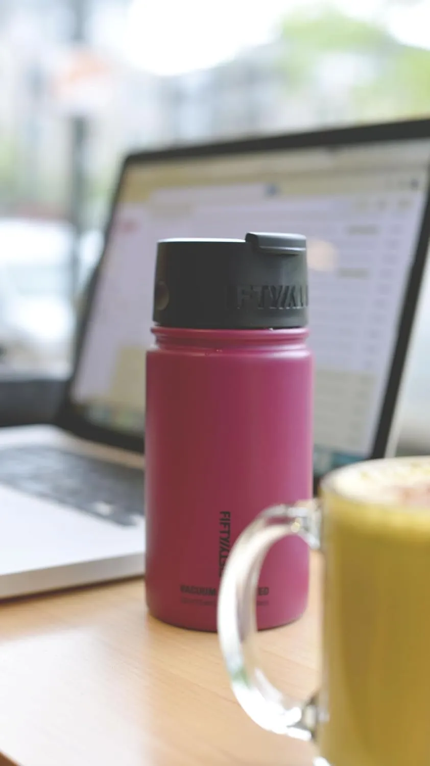 Fifty/Fifty 12oz, Double Wall Vacuum Insulated Café Water Bottle, Stainless Steel, Flip Cap w/ Wide Mouth, Coral, 12oz/354ml