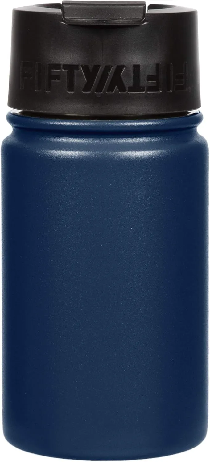 FIFTY/FIFTY 12oz, Double Wall Vacuum Insulated Café Water Bottle, Stainless Steel, Flip Cap w/ Wide Mouth, Navy, 12oz/354ml