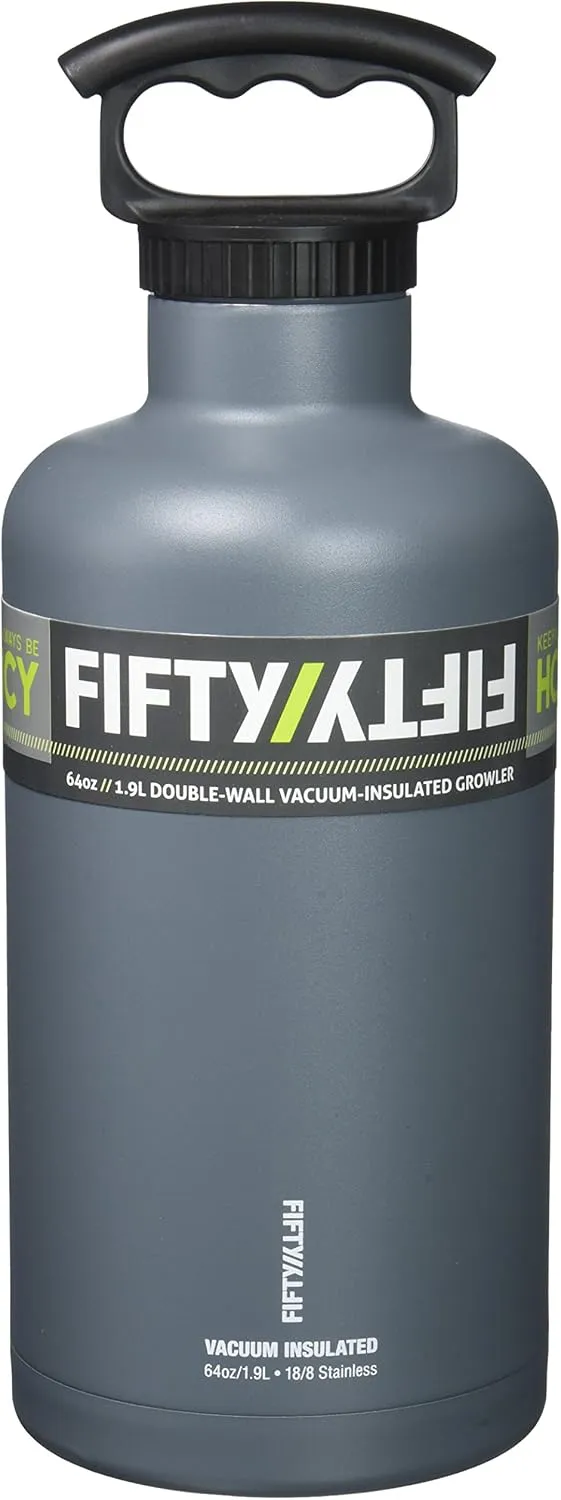 FIFTY/FIFTY Growler, Double Wall Vacuum Insulated Water Bottle, Stainless Steel, 3 Finger Cap w/Standard Top, 64oz/1.9L