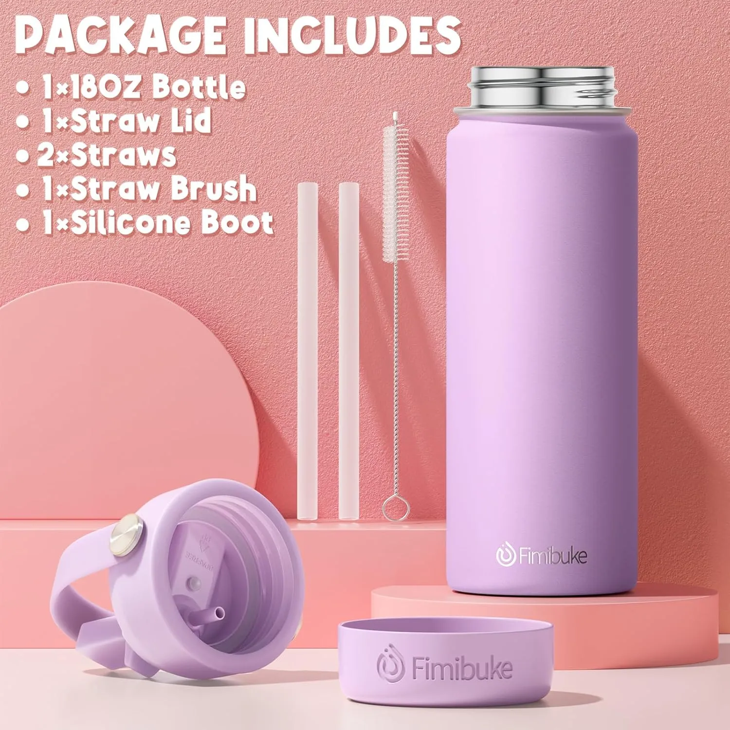 Fimibuke Kids Insulated Water Bottle, 18oz BPA FREE 18/8 Stainless Steel Kids Cup with Straw Travel Tumbler Double Wall Vacuum Leak Proof Toddler Water Bottle for School Boys Girls(1 Pack, Blush)