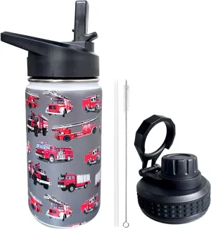 Fire Truck Kids Water Bottle for School with Straw Lid,12oz Stainless Steel Insulated Water Bottle for Boys & Girls,Leak Proof Lid with Handle & Touch Free Spout (A04)
