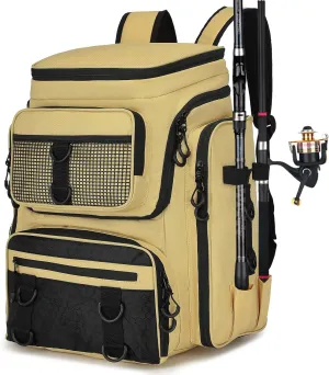 Fishing Backpack with Rod Holder, Waterproof Fishing Bag for Fishing Gear, 42L Large Capacity Tackle Box Backpack (Khaki)