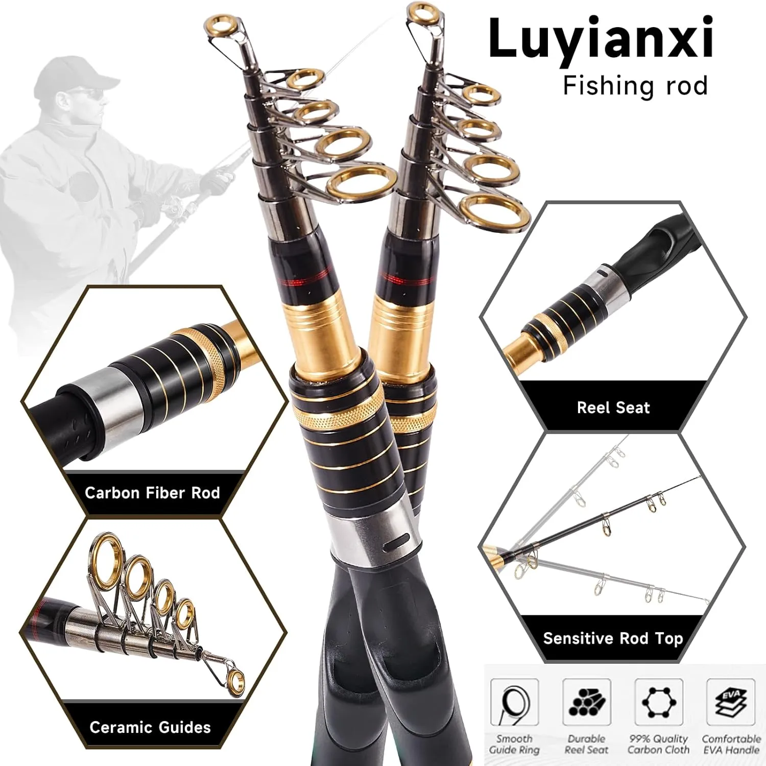 Fishing Rod and Reel Combo - 2PCS Collapsible Fishing Kits Carbon Fiber Fishing Pole Spinning Reel Lures Set with Carrier Bag Fishing Gear for Adults Travel Saltwater Freshwater