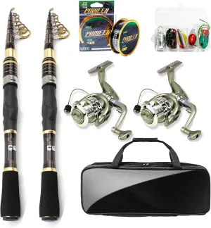Fishing Rod and Reel Combo - 2PCS Collapsible Fishing Kits Carbon Fiber Fishing Pole Spinning Reel Lures Set with Carrier Bag Fishing Gear for Adults Travel Saltwater Freshwater