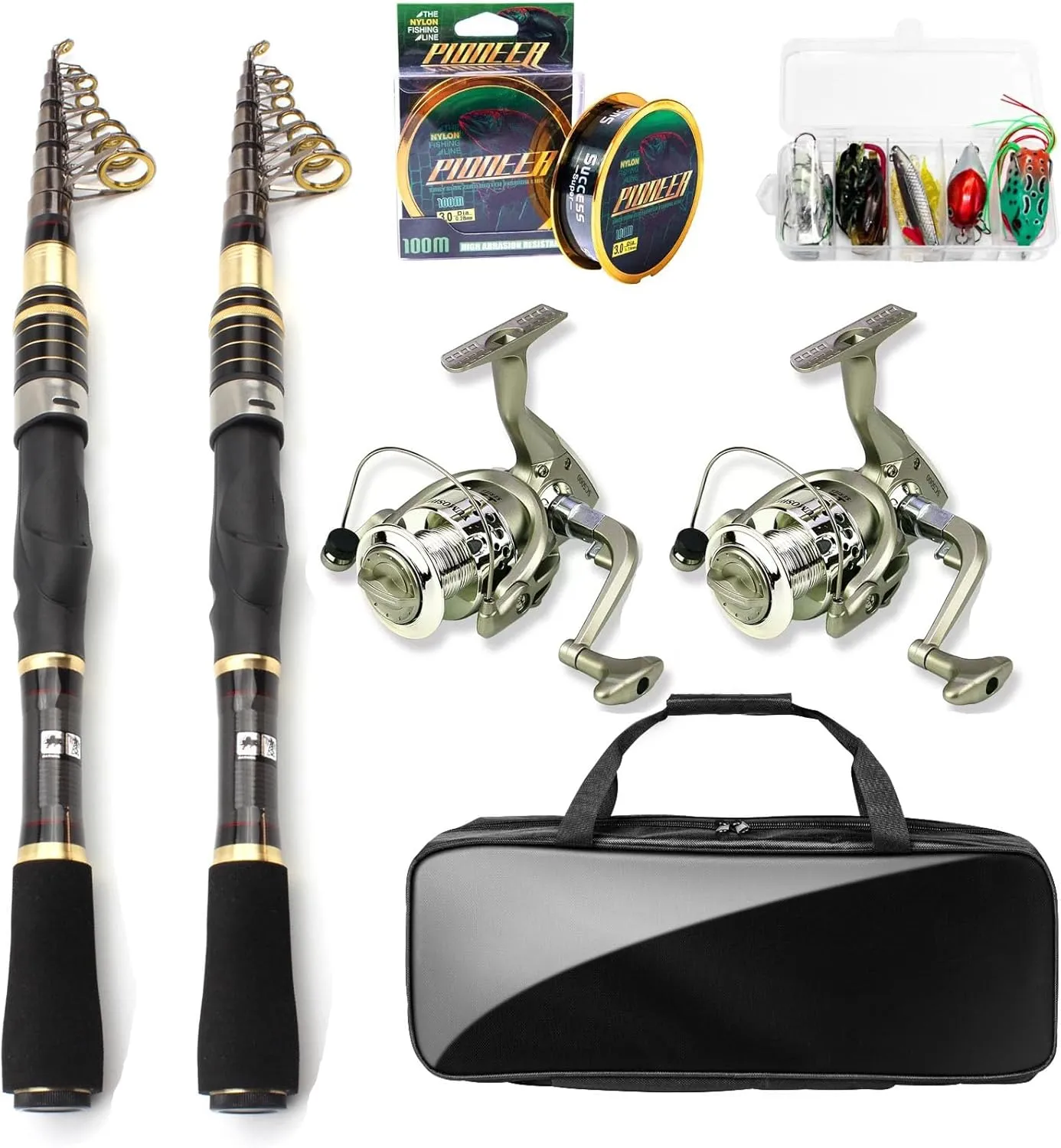 Fishing Rod and Reel Combo - 2PCS Collapsible Fishing Kits Carbon Fiber Fishing Pole Spinning Reel Lures Set with Carrier Bag Fishing Gear for Adults Travel Saltwater Freshwater