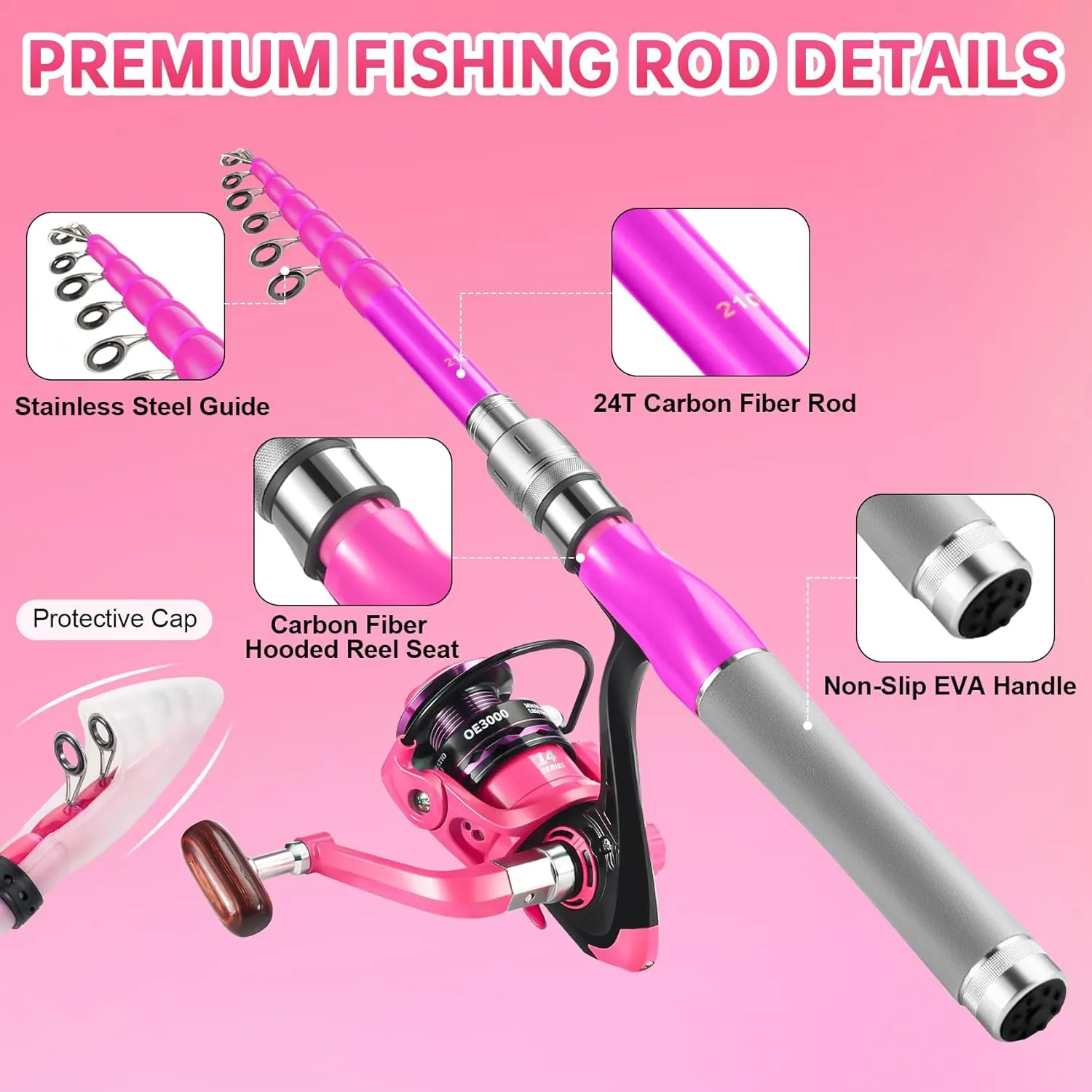 Fishing Rod and Reel Combos, Carbon Fiber Telescopic Fishing Pole Kit with Spinning Reel, Fishing Line, Fishing Lures, Travel Bag for Woman Girl Beginner Saltwater Freshwater