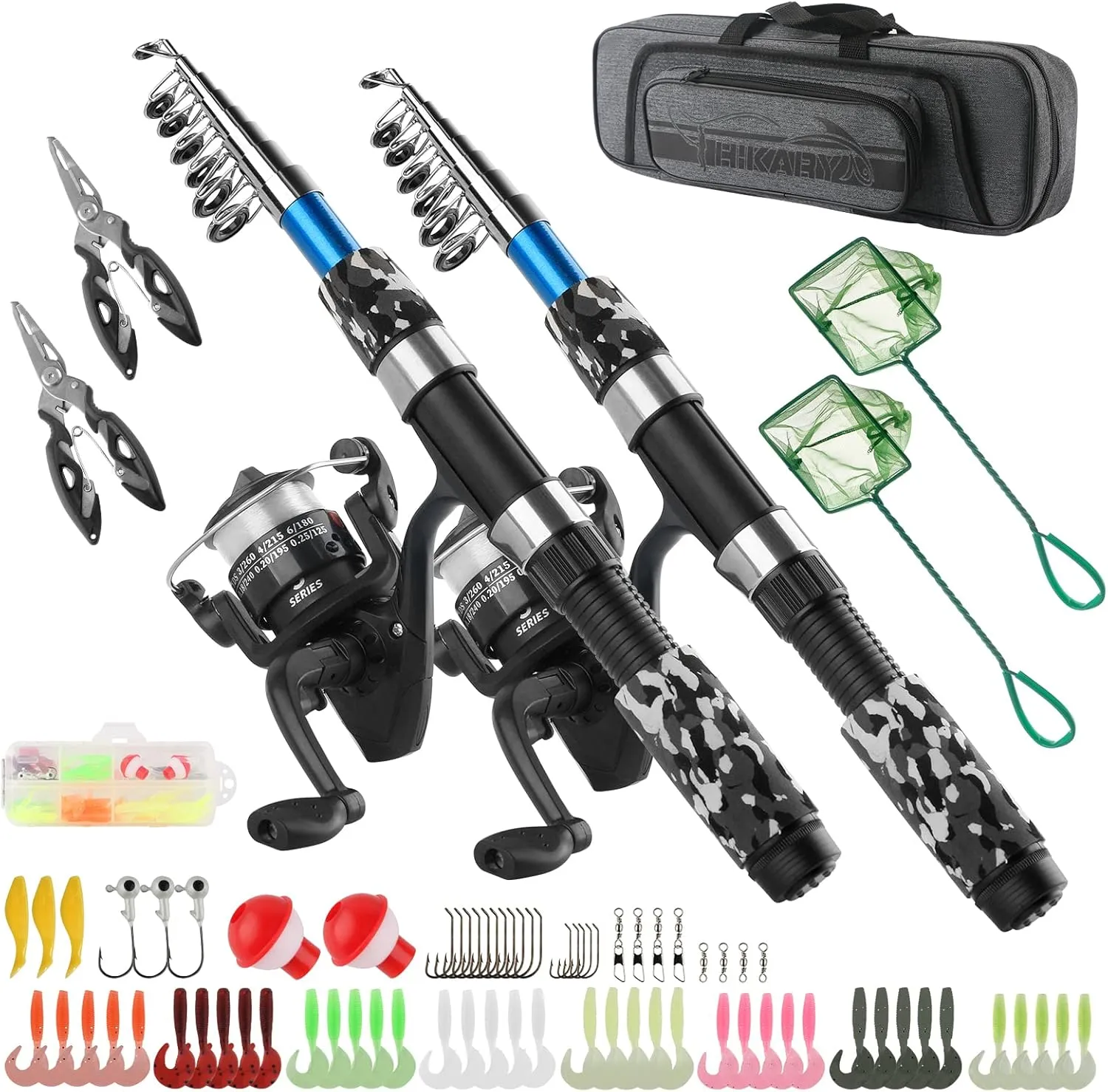 Fishing Rod Reel Combos Collapsible Fishing Rod Kit, 2PCS Telescopic Fishing Pole 2PCS Spinning Reels Lures Hooks Tackle Bag Fishing Accessories Full Combo for Kids Youth
