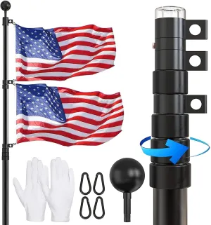 Flag Pole for Outside In Ground, 16 FT Heavy Duty Telescopic Flagpole Kit for Yard, Extra Thick Outdoor Telescoping Flag Poles with 3x5 American Flag for Residential or Commercial, Black