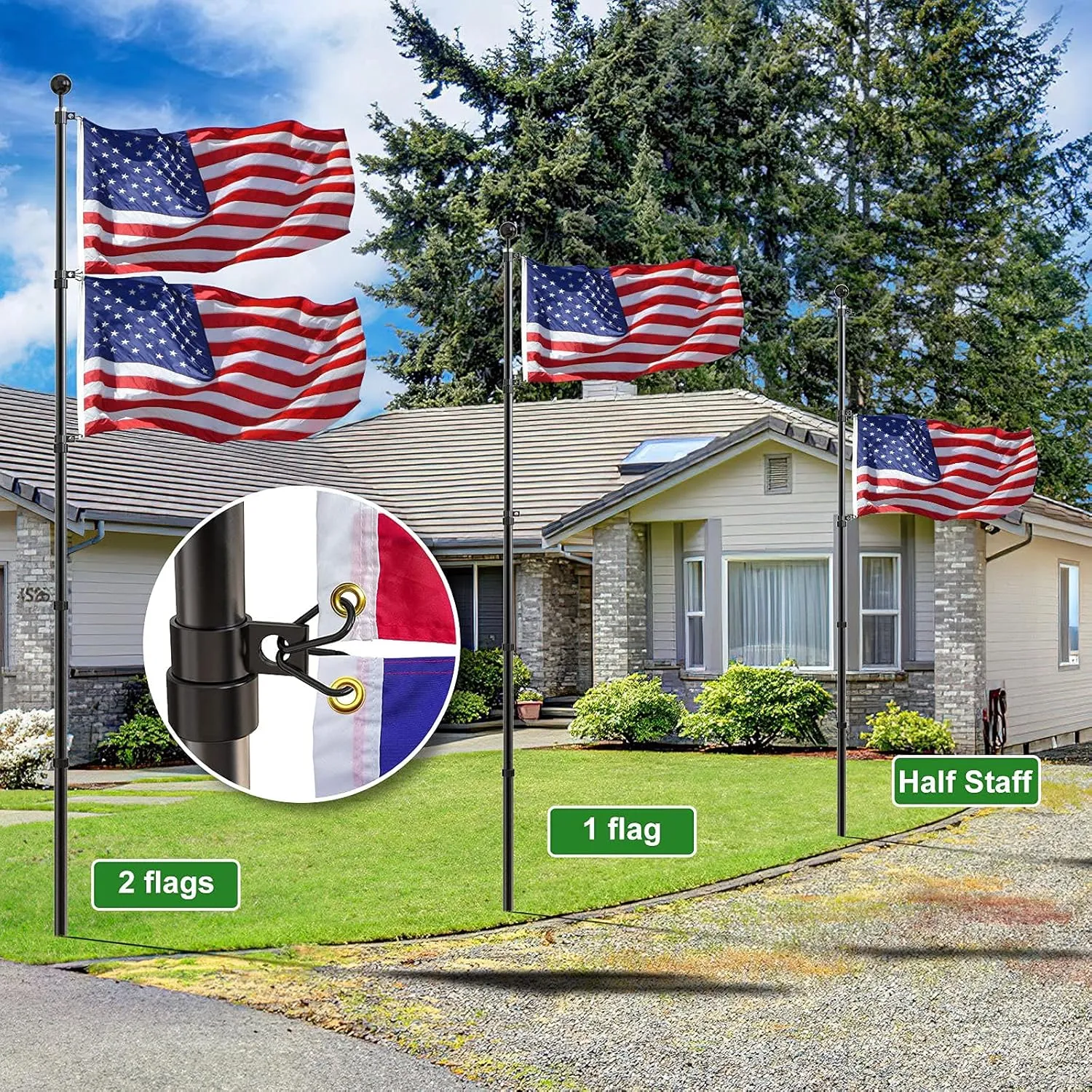 Flag Pole for Outside In Ground, 16 FT Heavy Duty Telescopic Flagpole Kit for Yard, Extra Thick Outdoor Telescoping Flag Poles with 3x5 American Flag for Residential or Commercial, Black