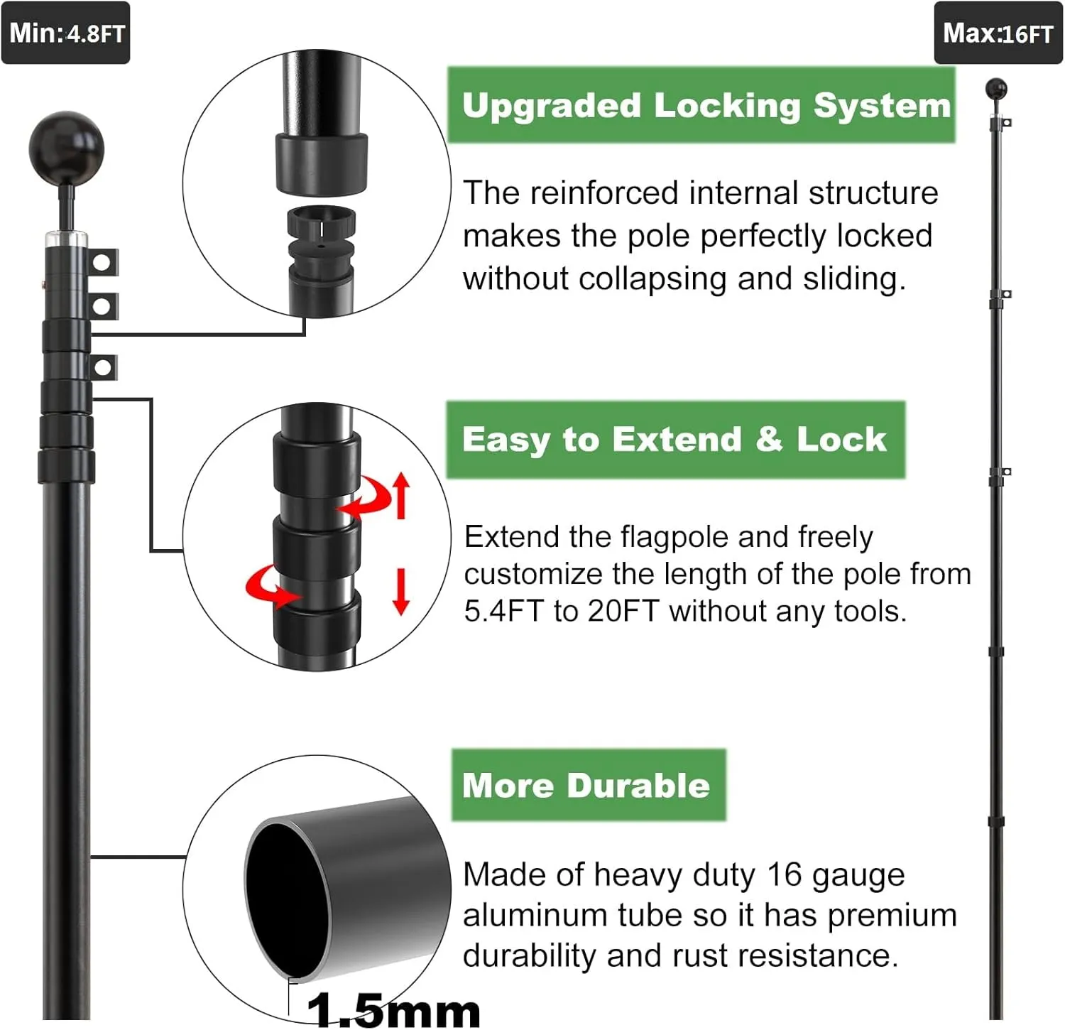 Flag Pole for Outside In Ground, 16 FT Heavy Duty Telescopic Flagpole Kit for Yard, Extra Thick Outdoor Telescoping Flag Poles with 3x5 American Flag for Residential or Commercial, Black