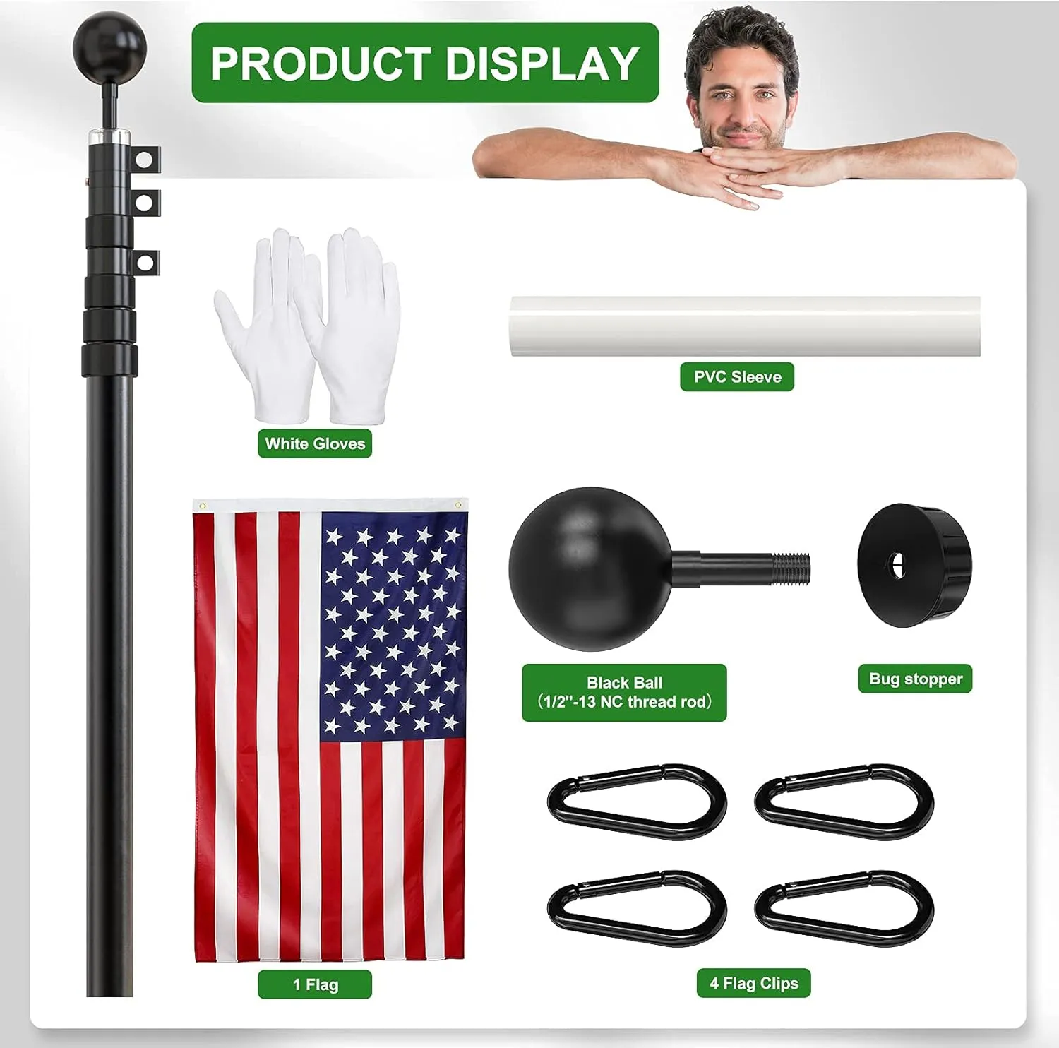 Flag Pole for Outside In Ground, 16 FT Heavy Duty Telescopic Flagpole Kit for Yard, Extra Thick Outdoor Telescoping Flag Poles with 3x5 American Flag for Residential or Commercial, Black