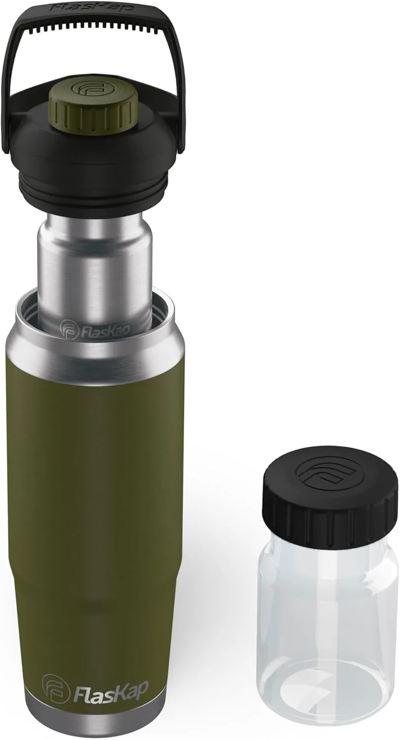 Flaskap FreePour Starter System: 6oz Tumbler Attachment and 26oz Cup Holder Friendly Bottle, Removable Stainless, and Plastic Well