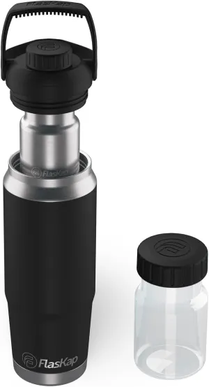 Flaskap FreePour Starter System: 6oz Tumbler Attachment and 26oz Cup Holder Friendly Bottle, Removable Stainless, and Plastic Well