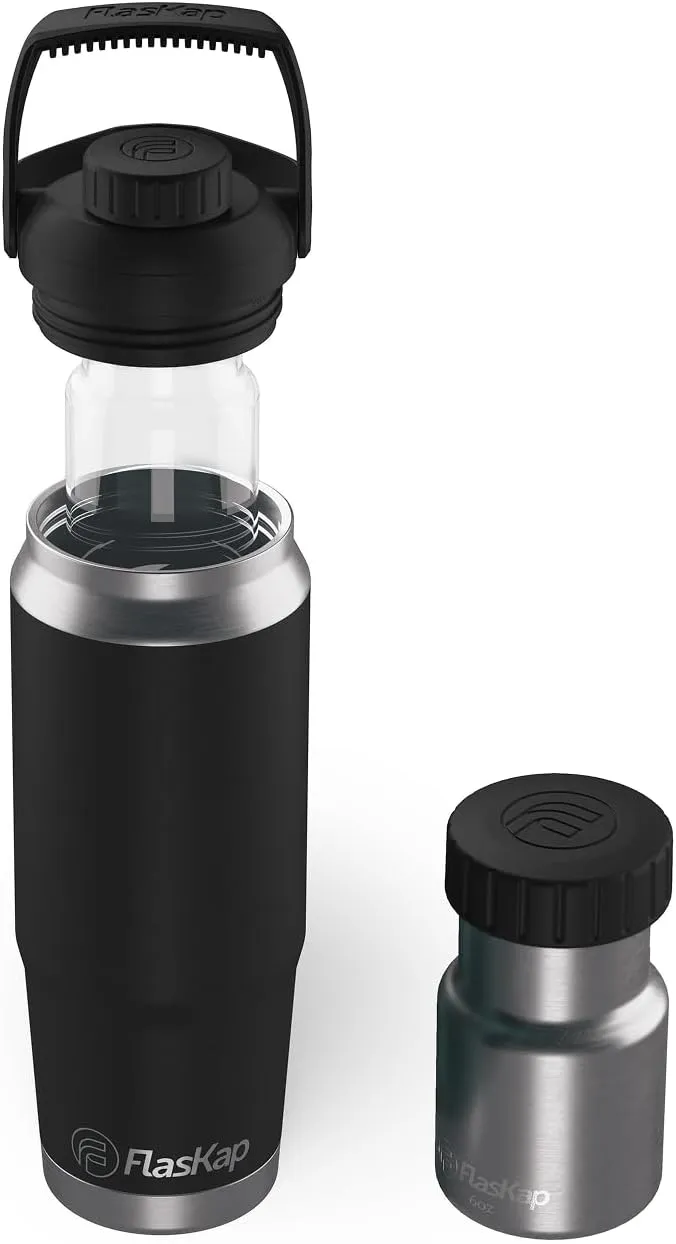 Flaskap FreePour Starter System: 6oz Tumbler Attachment and 26oz Cup Holder Friendly Bottle, Removable Stainless, and Plastic Well