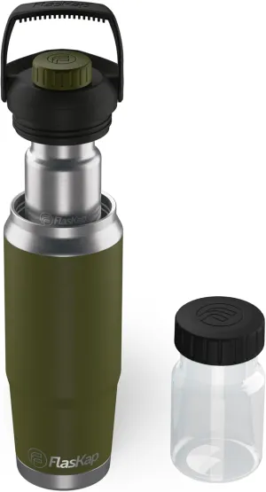 Flaskap FreePour Starter System: 6oz Tumbler Attachment and 26oz Cup Holder Friendly Bottle, Removable Stainless, and Plastic Well