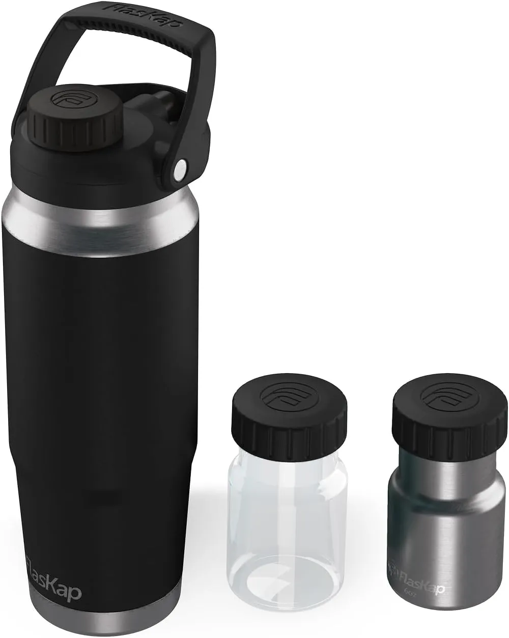 Flaskap FreePour Starter System: 6oz Tumbler Attachment and 26oz Cup Holder Friendly Bottle, Removable Stainless, and Plastic Well