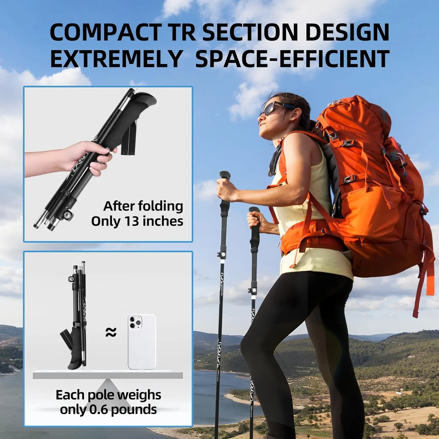 Folding Trekking Poles, Hiking Travel Poles, Hiking Equipment, Lightweight Trekking Poles, Suitable for Men and Women, The Elderly and Children，with an Outdoor Compass