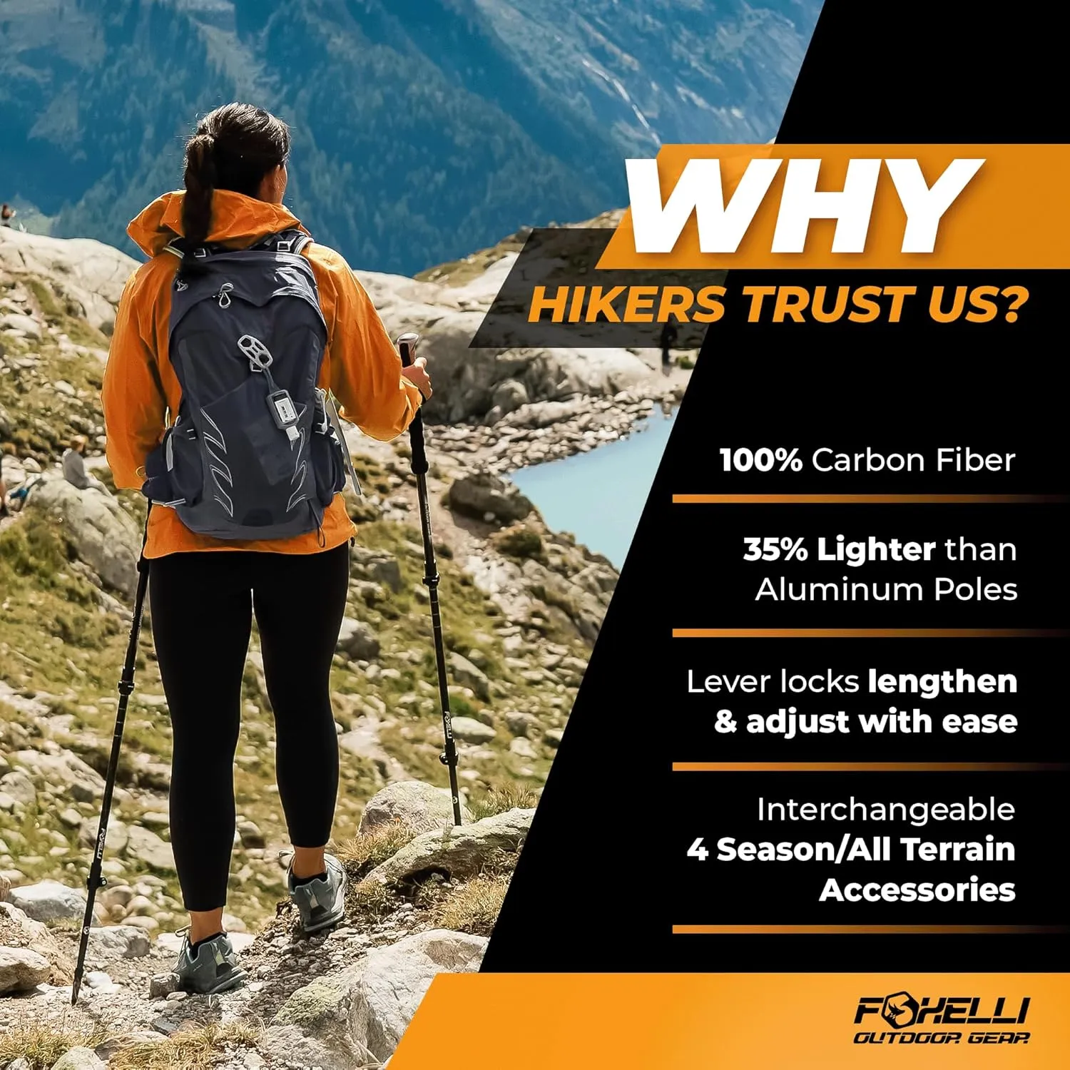 Foxelli Carbon Fiber Trekking Poles – Lightweight Collapsible & Shock-Absorbent Hiking Poles w/Cork Grips, Lever Locks & All Terrain Accessories