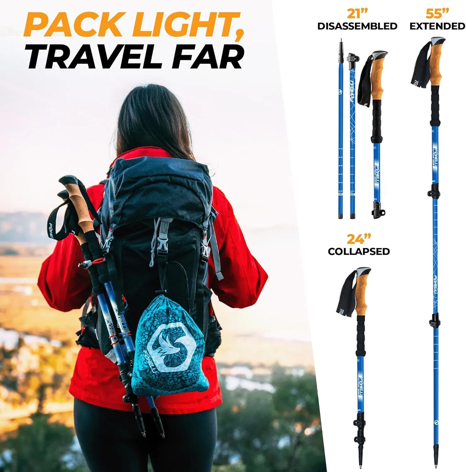 Foxelli Carbon Fiber Trekking Poles – Lightweight Collapsible & Shock-Absorbent Hiking Poles w/Cork Grips, Lever Locks & All Terrain Accessories