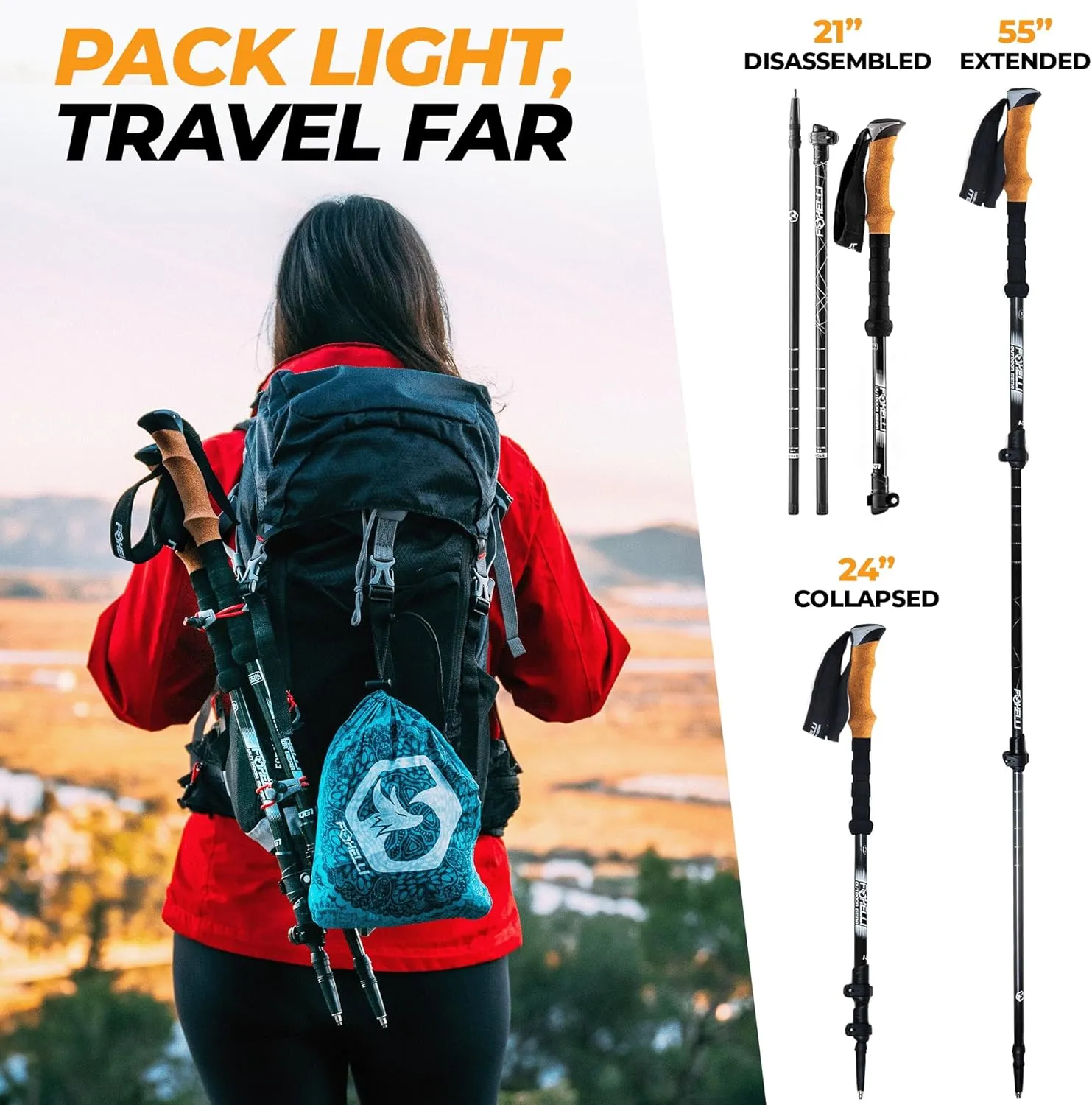 Foxelli Carbon Fiber Trekking Poles – Lightweight Collapsible & Shock-Absorbent Hiking Poles w/Cork Grips, Lever Locks & All Terrain Accessories