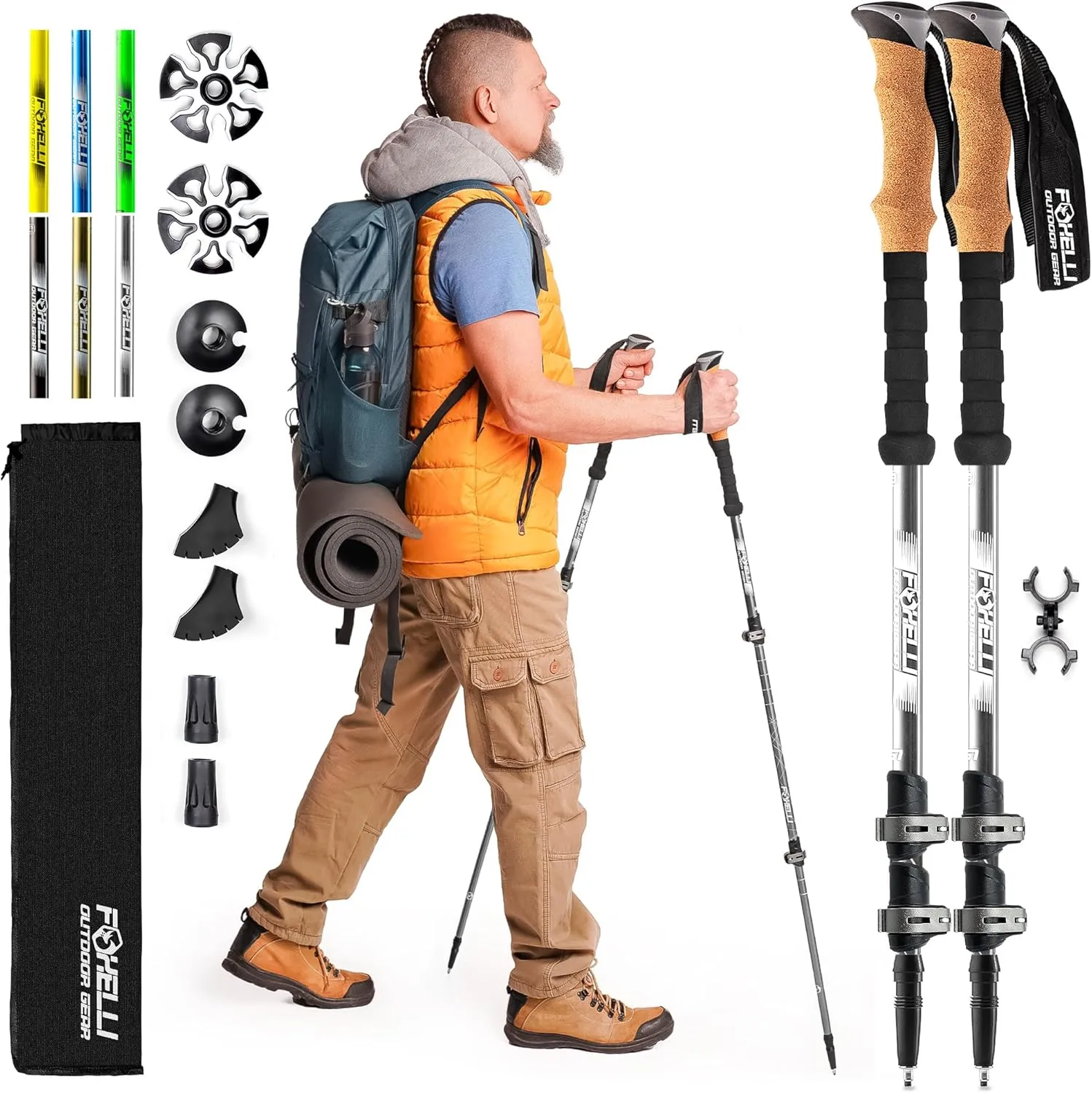 Foxelli Trekking Poles – Lightweight Collapsible Aircraft Grade Aluminum Hiking Poles with Cork Grips Quick Locks & All-Terrain Accessories – Pair of 2