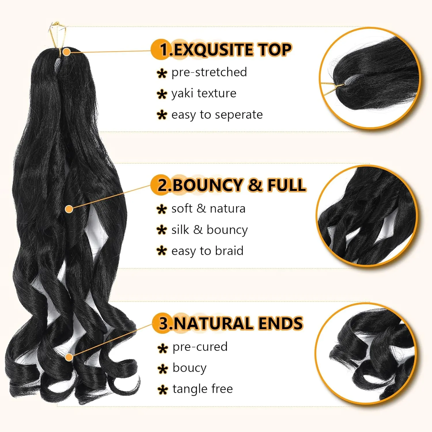 French Curl Braiding Hair 22 Inch 1B Loose Wavy Pre Streched Braiding Hair for Black Women Crochet Braids Hair Extensions(7Packs), 1B)
