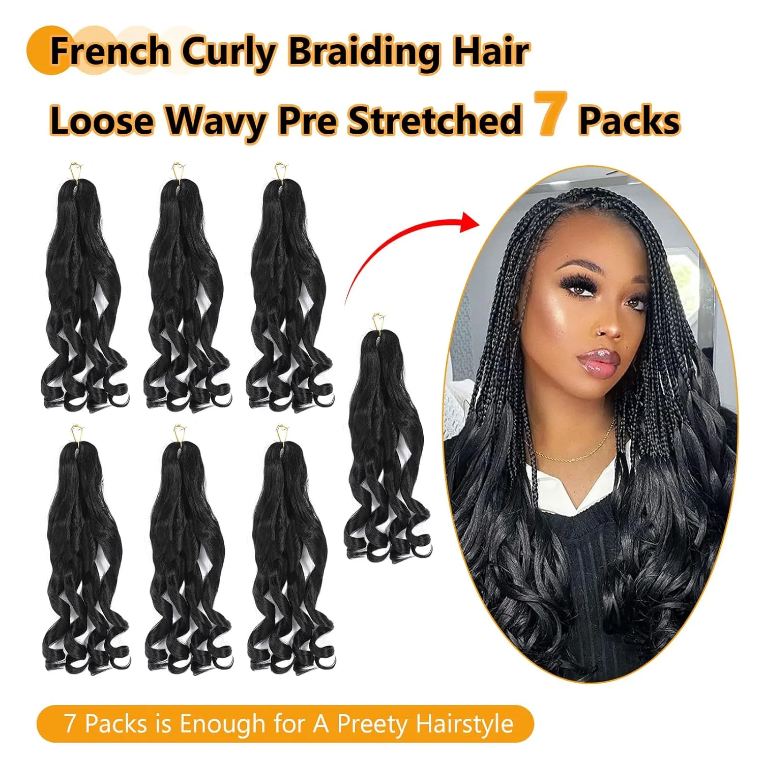 French Curl Braiding Hair 22 Inch 1B Loose Wavy Pre Streched Braiding Hair for Black Women Crochet Braids Hair Extensions(7Packs), 1B)