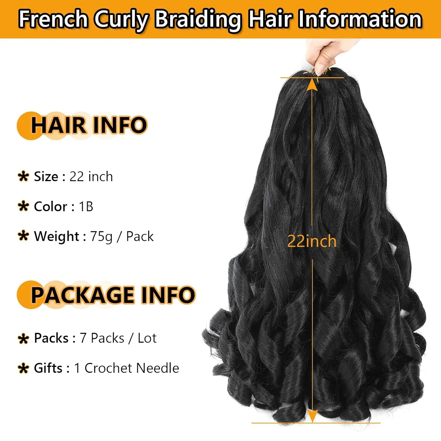 French Curl Braiding Hair 22 Inch 1B Loose Wavy Pre Streched Braiding Hair for Black Women Crochet Braids Hair Extensions(7Packs), 1B)