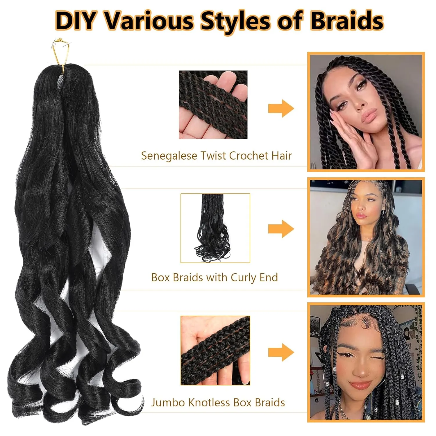 French Curl Braiding Hair 22 Inch 1B Loose Wavy Pre Streched Braiding Hair for Black Women Crochet Braids Hair Extensions(7Packs), 1B)