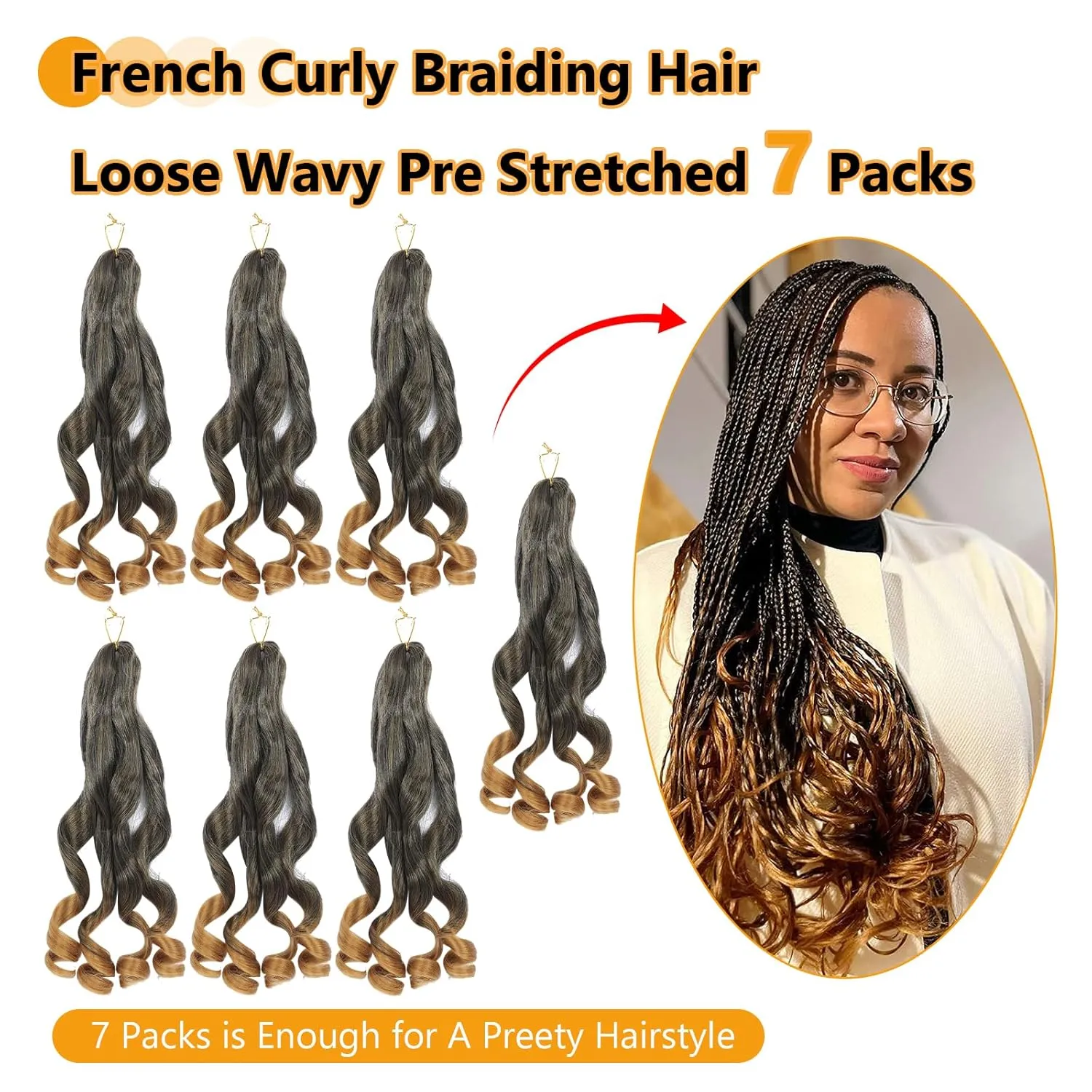 French Curl Braiding Hair Pre Stretched 22 Inch Braiding Hair 1B/27 Loose Wavy Pre Streched Braiding Hair for Black Women (22 Inch(7Packs), 1B/27)