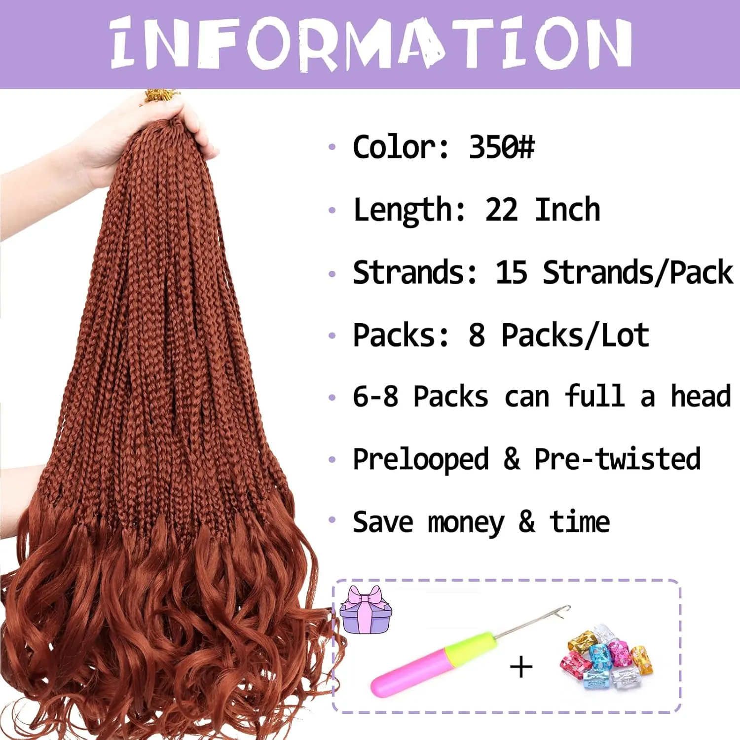 French Curl Crochet Braids 22 Inch 8 Packs Goddess Box Braids Crochet Hair for Women Ginger Pre Looped Crochet Box Braids with Curly Ends Synthetic French Curly Braiding Hair Extensions (350#)