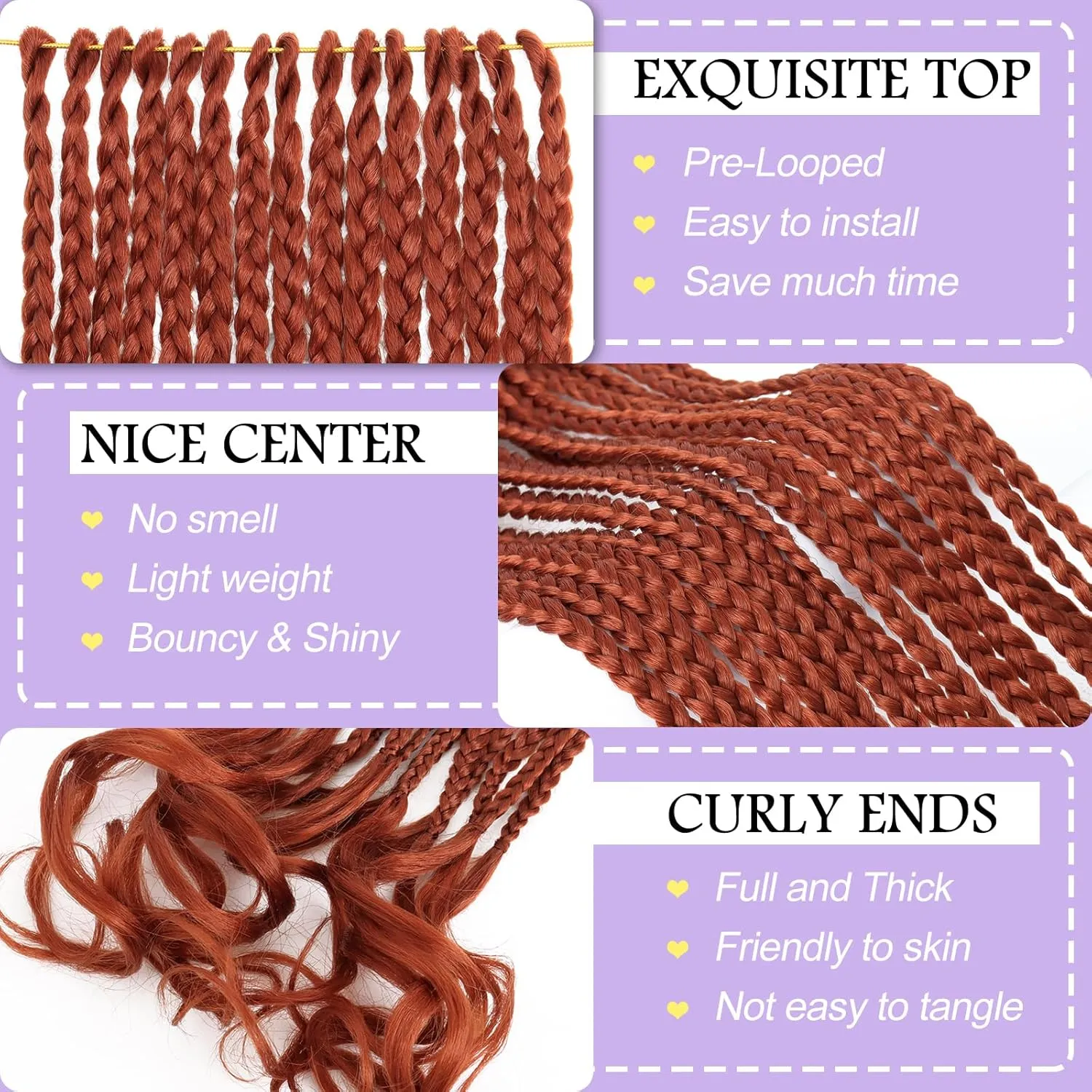 French Curl Crochet Braids 22 Inch 8 Packs Goddess Box Braids Crochet Hair for Women Ginger Pre Looped Crochet Box Braids with Curly Ends Synthetic French Curly Braiding Hair Extensions (350#)