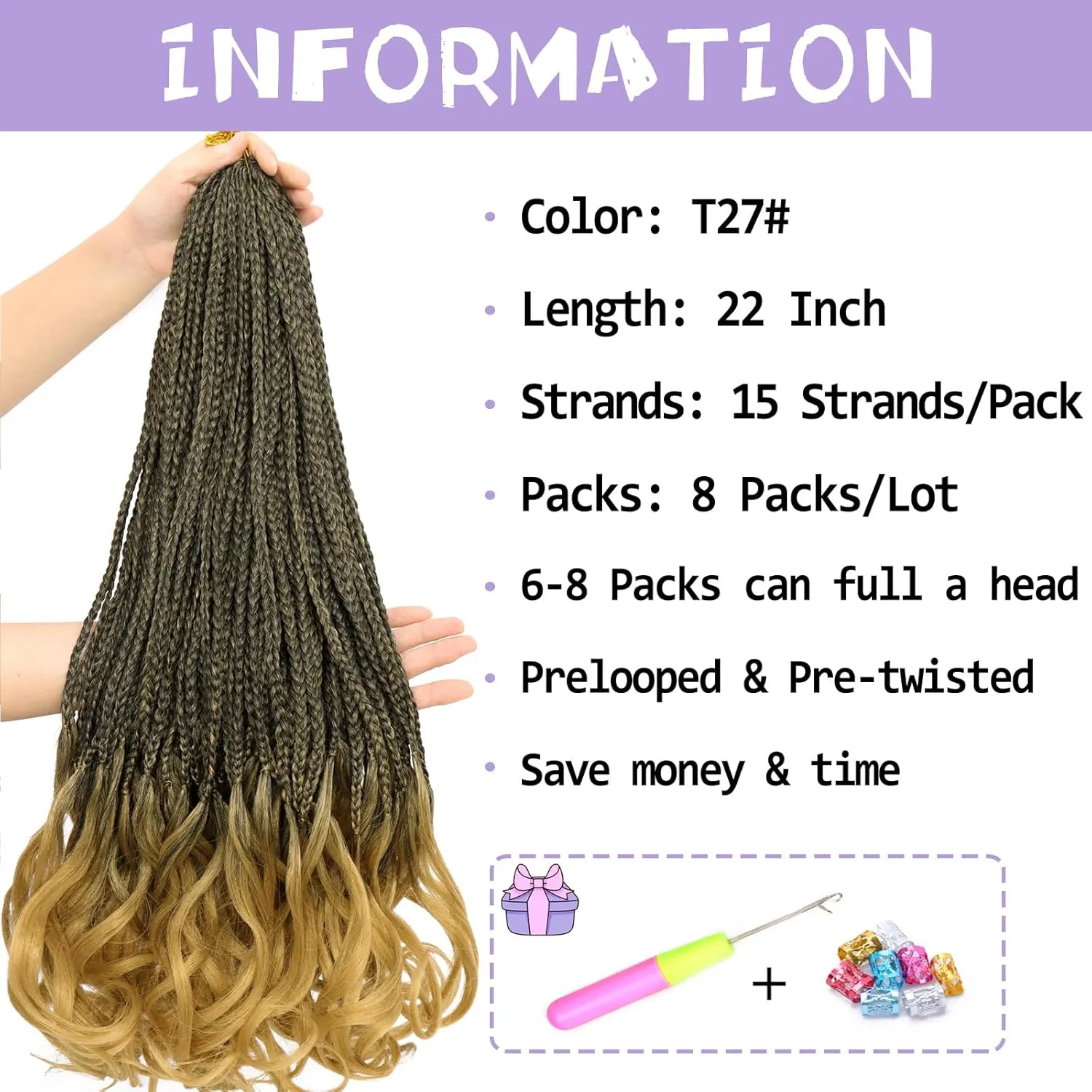 French Curl Crochet Braids 22 Inch 8 Packs Goddess Box Braids Crochet Hair for Women Pre Looped Crochet Box Braids with Curly Ends Synthetic French Curly Braiding Hair Extensions (1B/27)